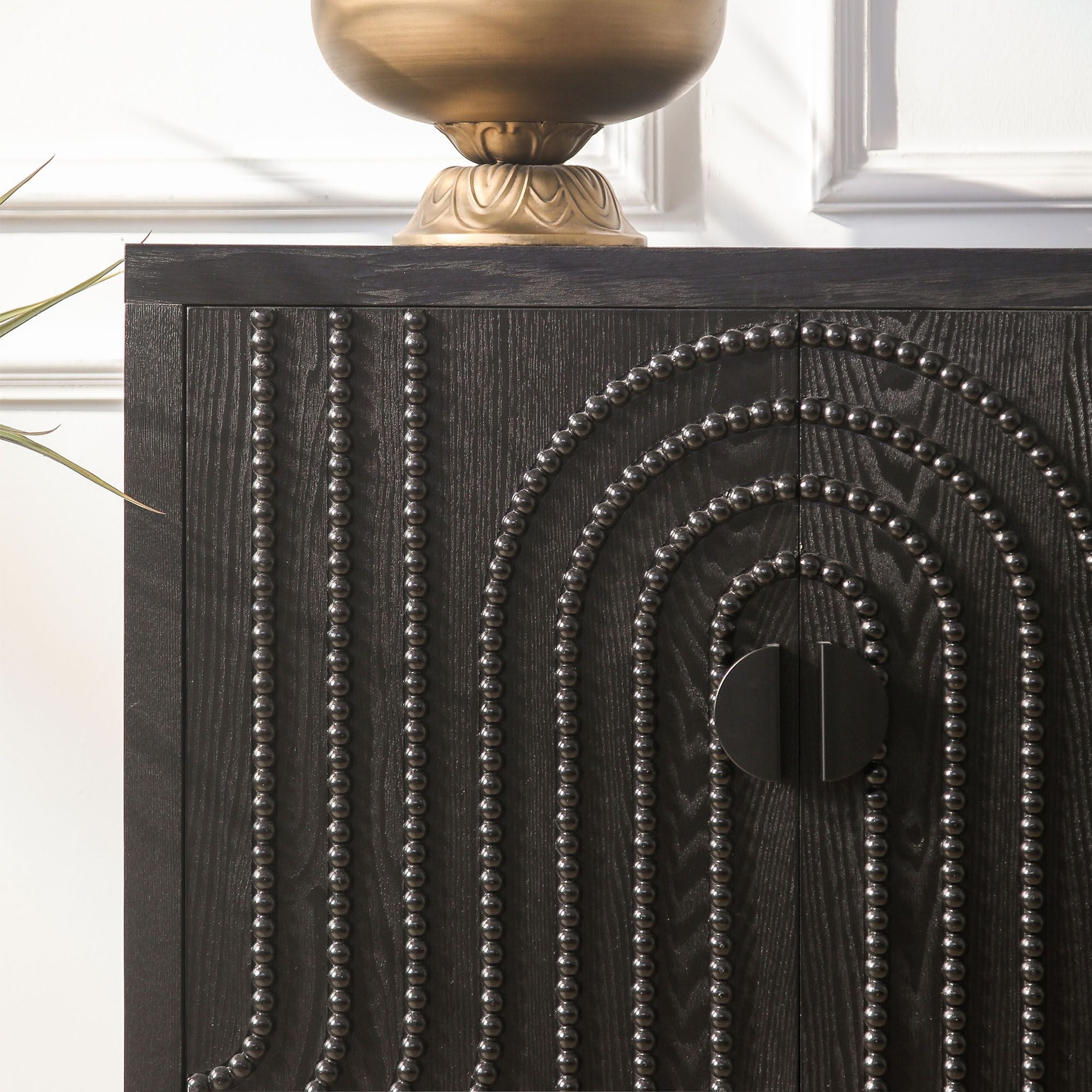 Modern Black Sideboard with Nailhead Accents - Stylish Storage for Dining & Living