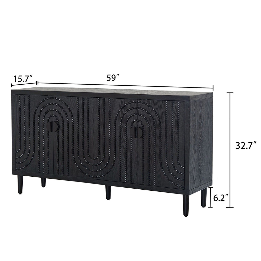 Modern Black Sideboard with Nailhead Accents - Stylish Storage for Dining & Living