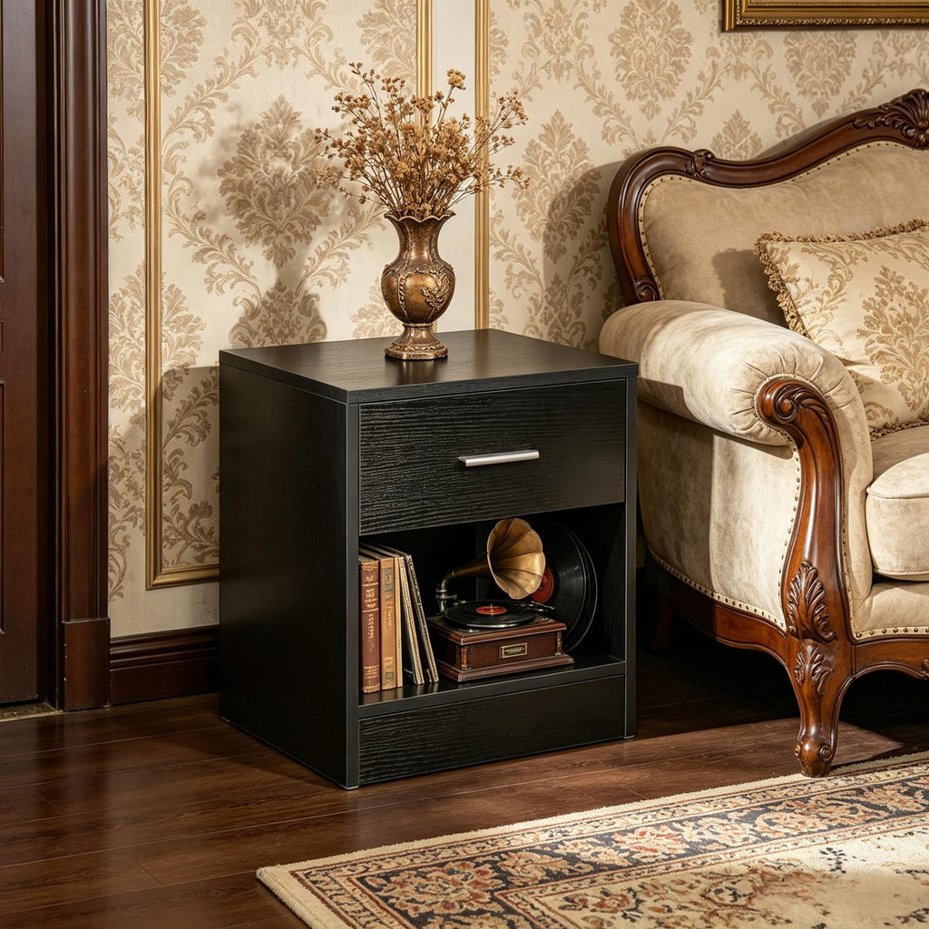 Compact Black Wood-Grain End Table with Drawer