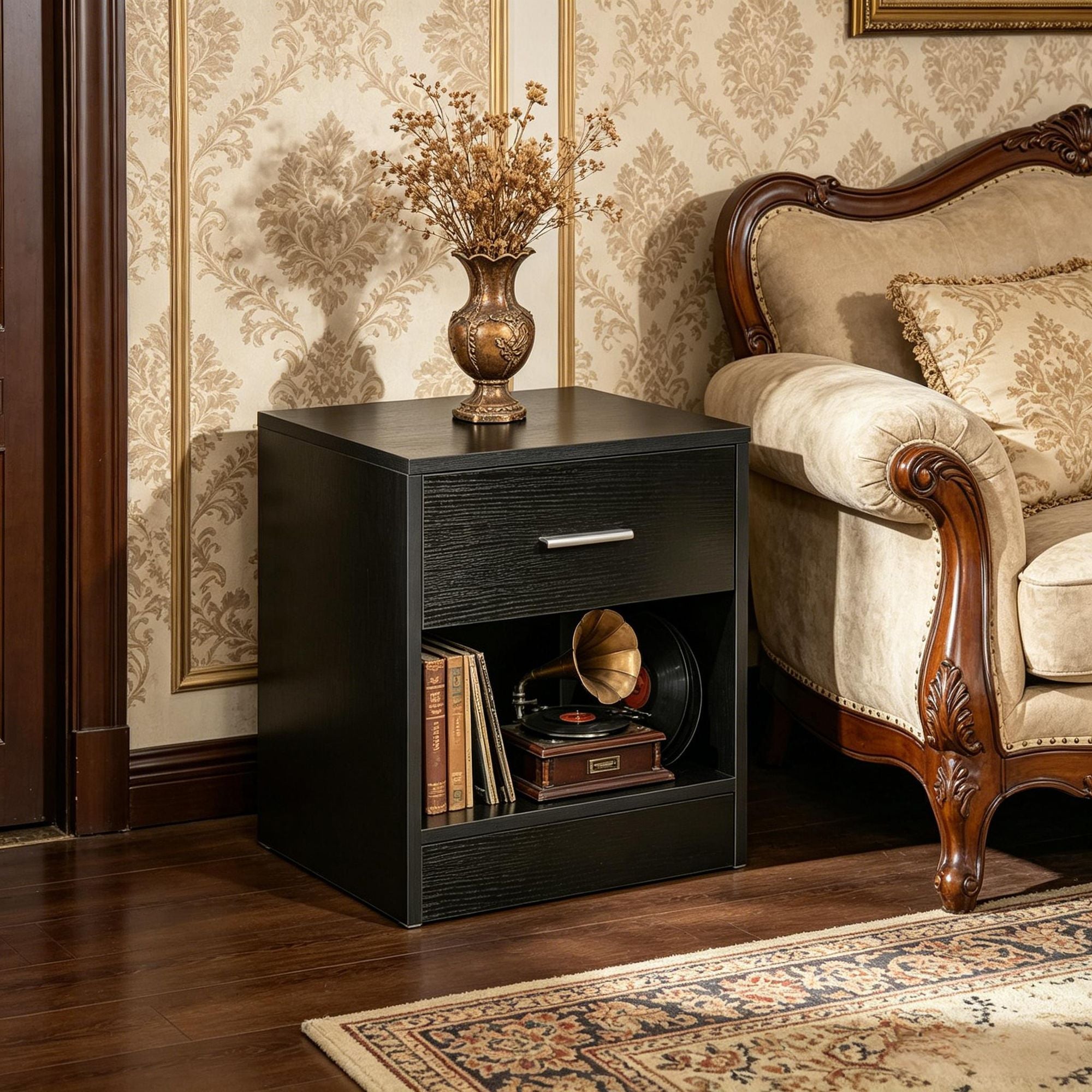 Compact Black Wood-Grain End Table with Drawer