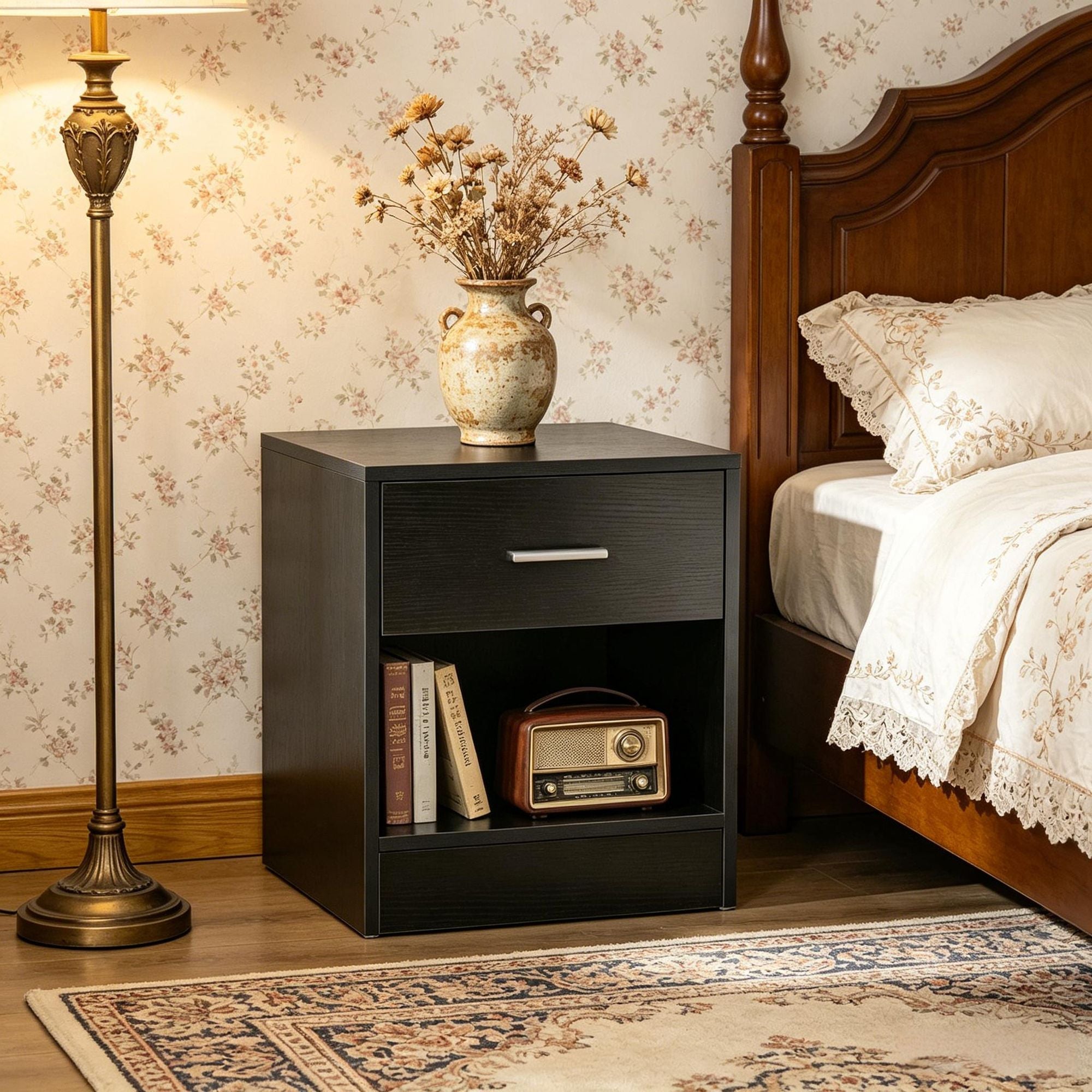 Compact Black Wood-Grain End Table with Drawer
