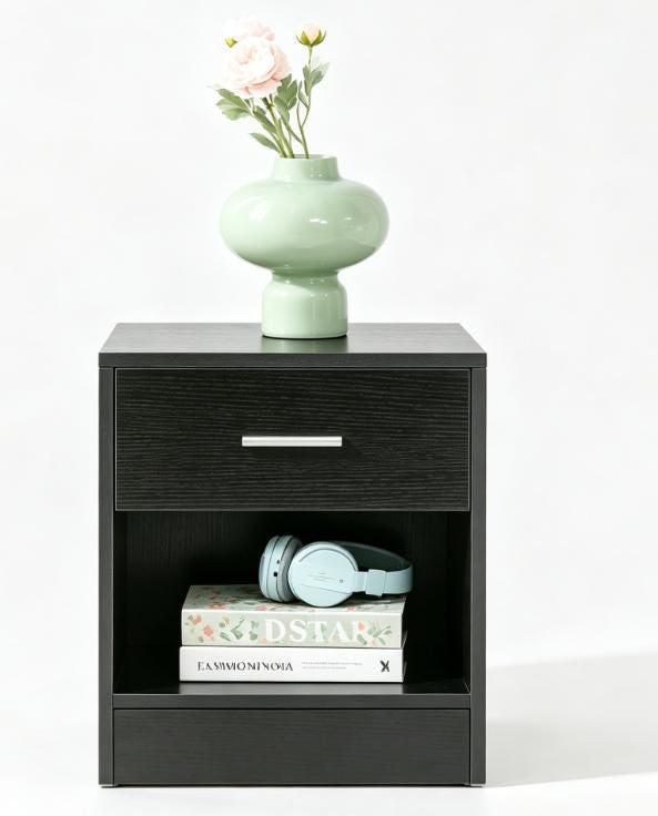 Compact Black Wood-Grain End Table with Drawer