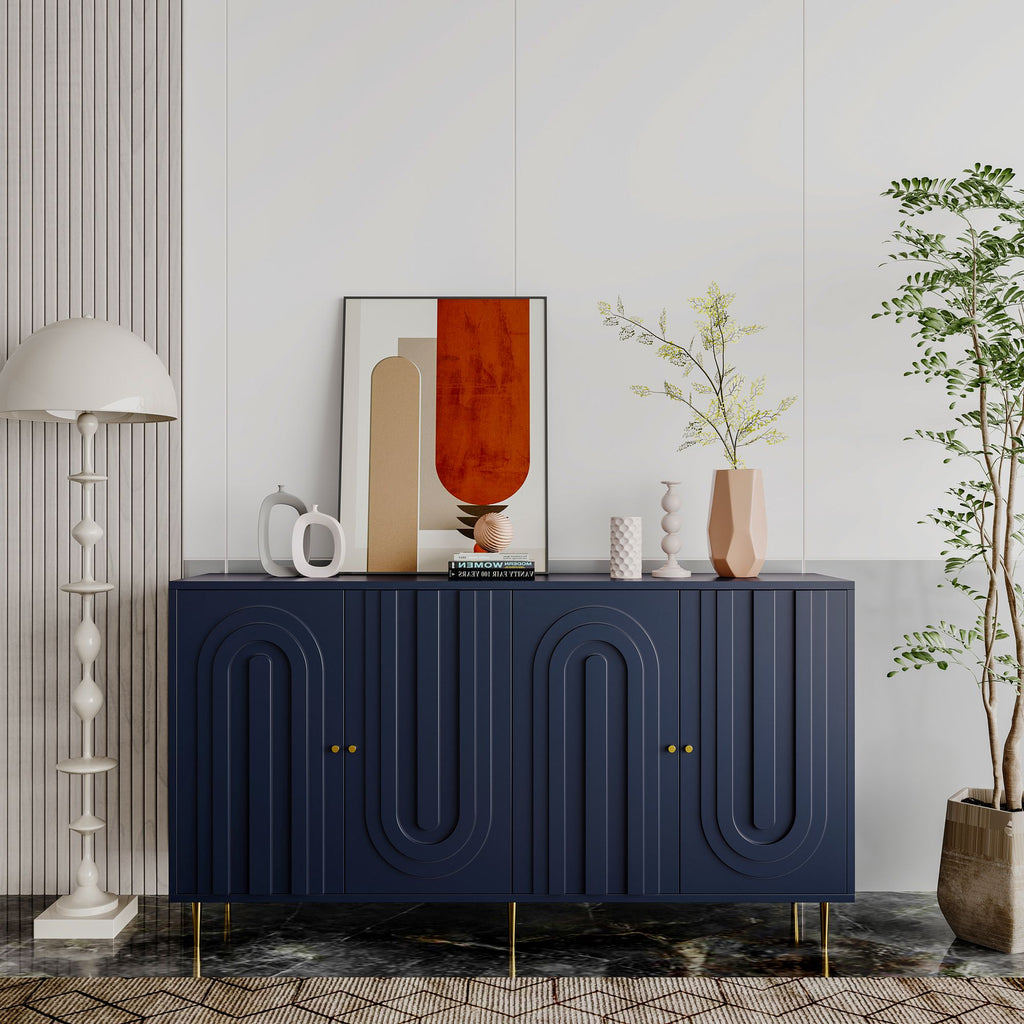 Matte Blue Lacquered Cabinet with Gold Accents and Adjustable Shelves