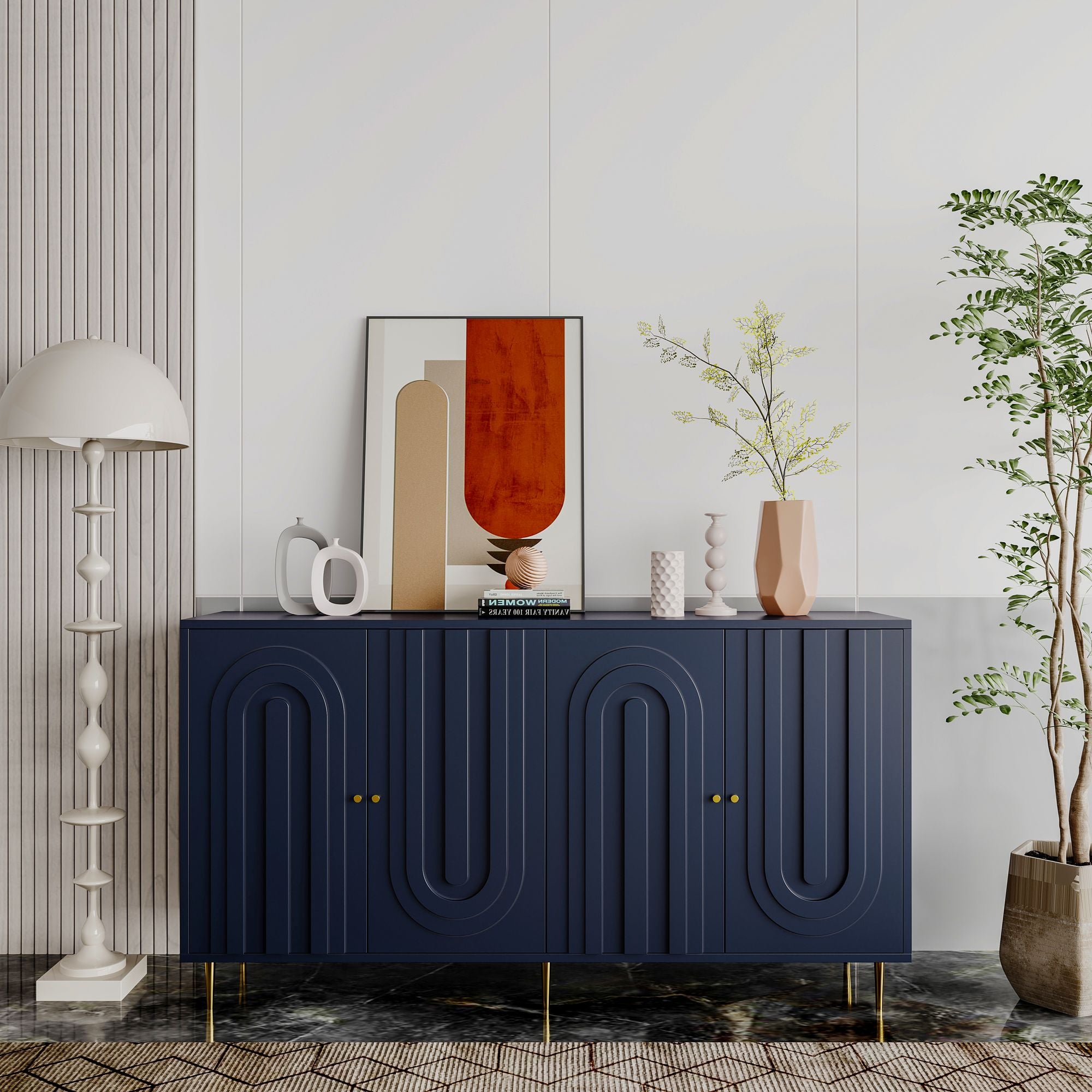 Matte Blue Lacquered Cabinet with Gold Accents and Adjustable Shelves