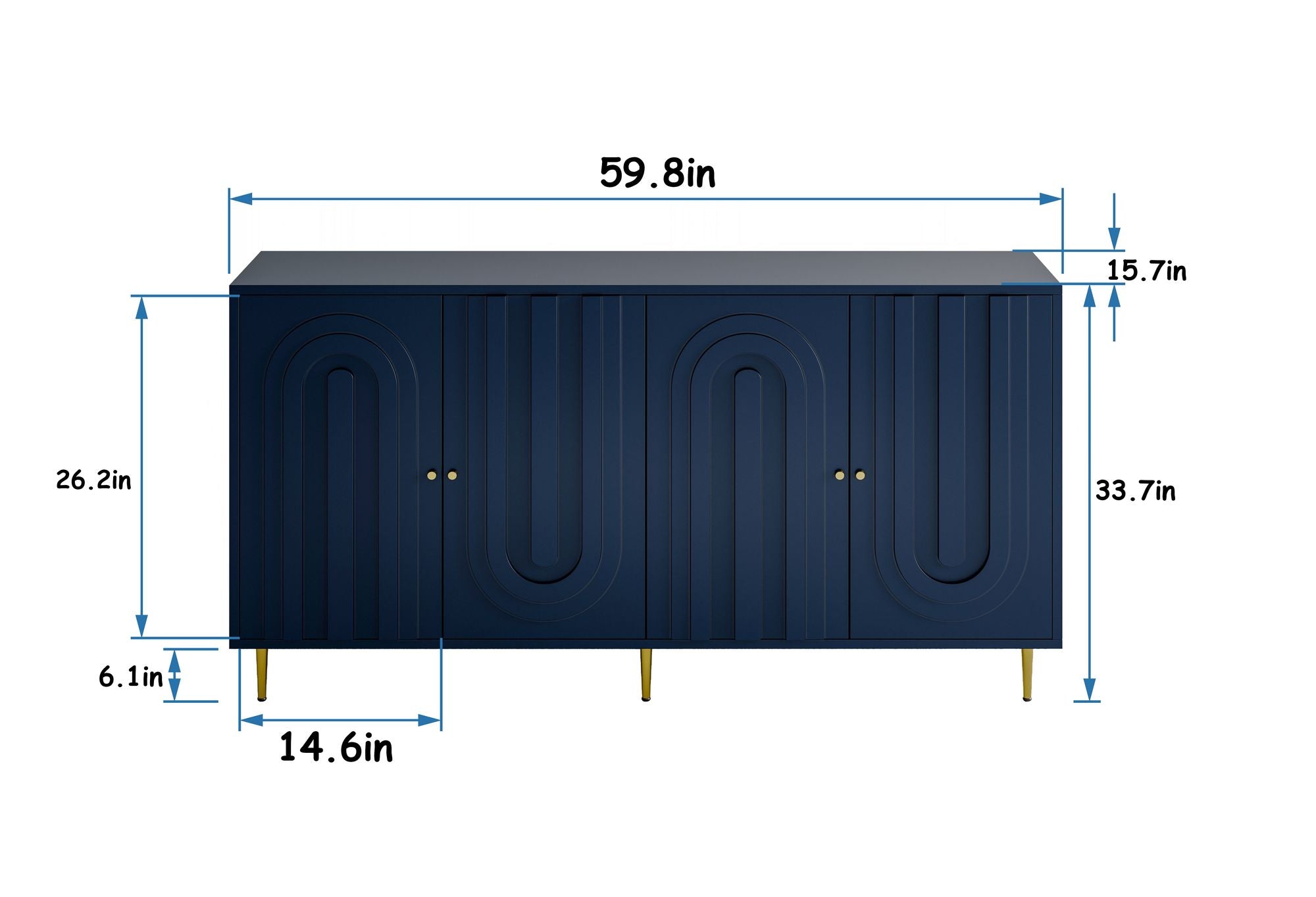 Matte Blue Lacquered Cabinet with Gold Accents and Adjustable Shelves
