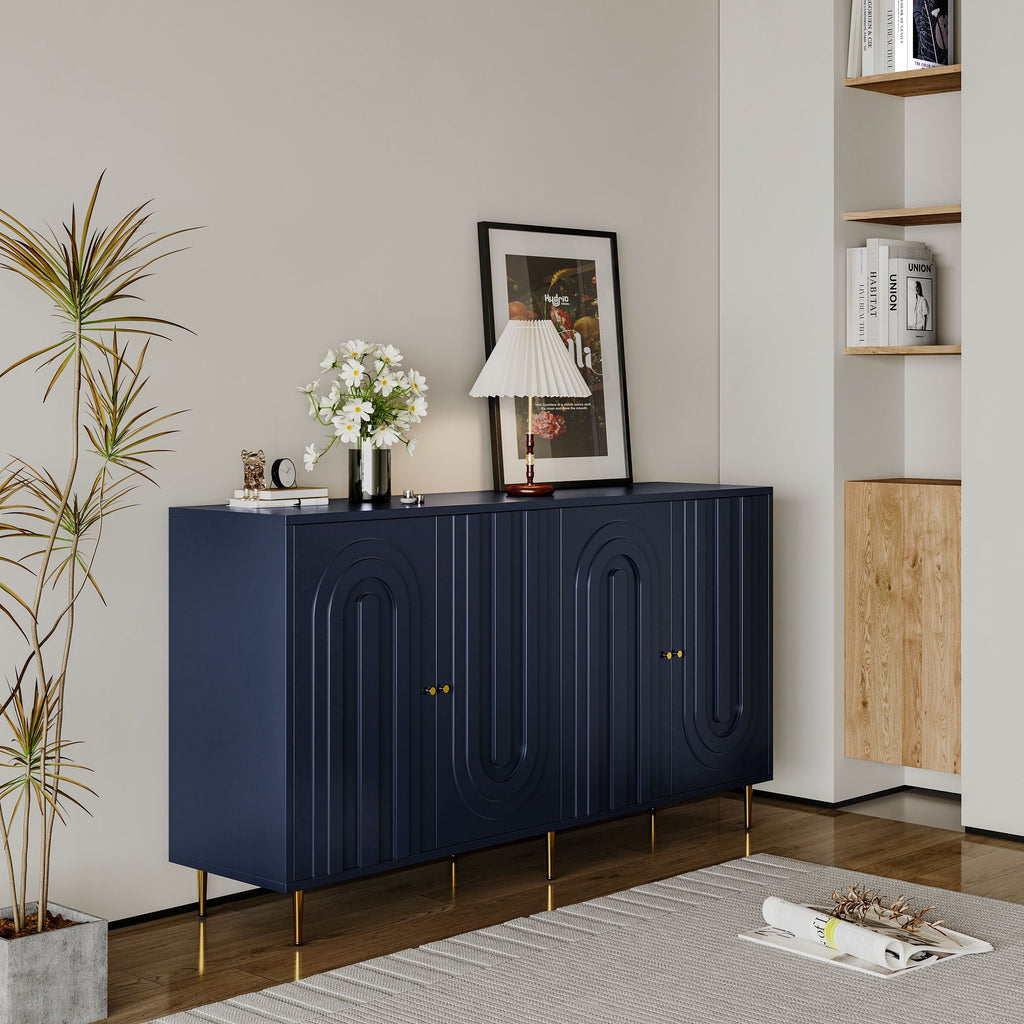 Matte Blue Lacquered Cabinet with Gold Accents and Adjustable Shelves