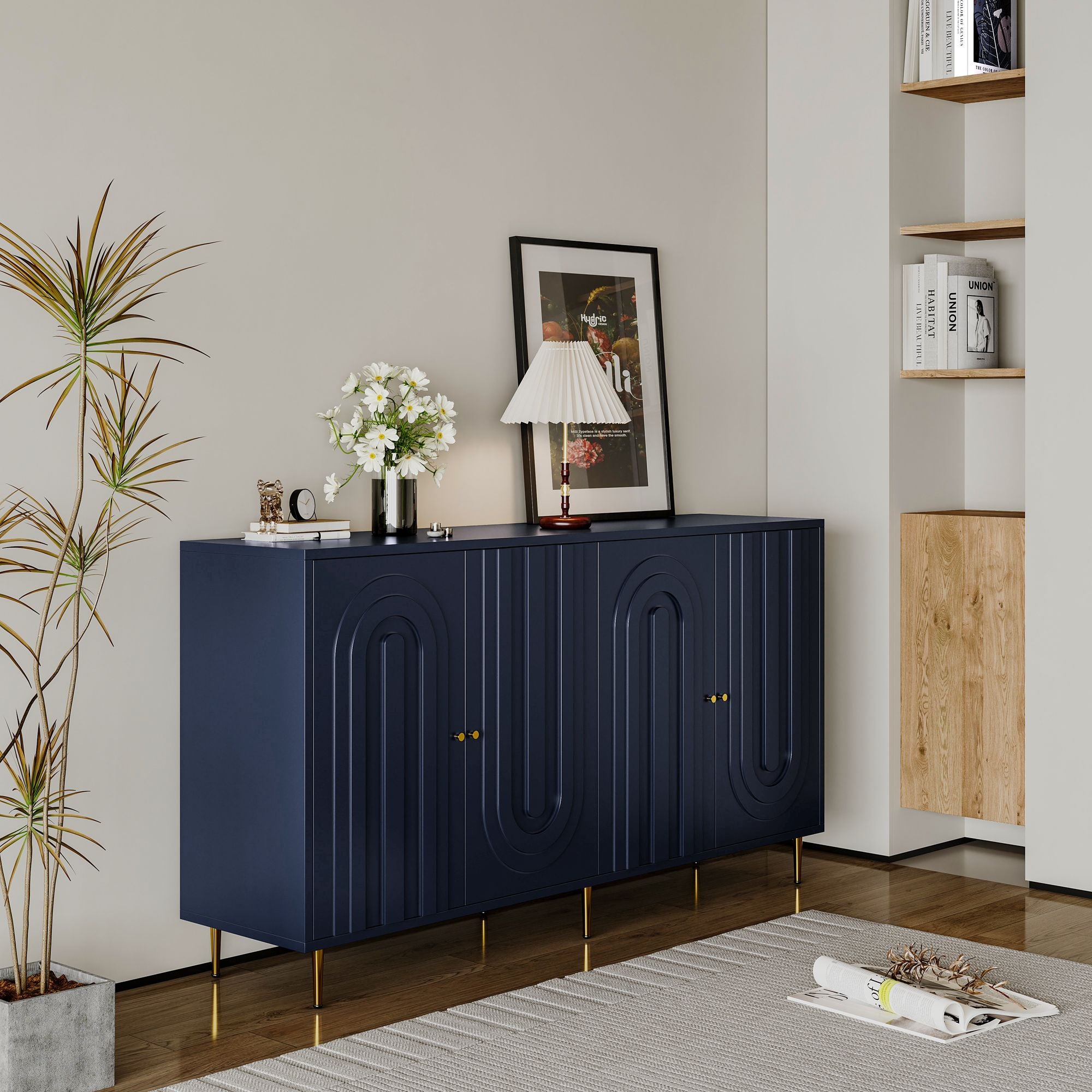 Matte Blue Lacquered Cabinet with Gold Accents and Adjustable Shelves