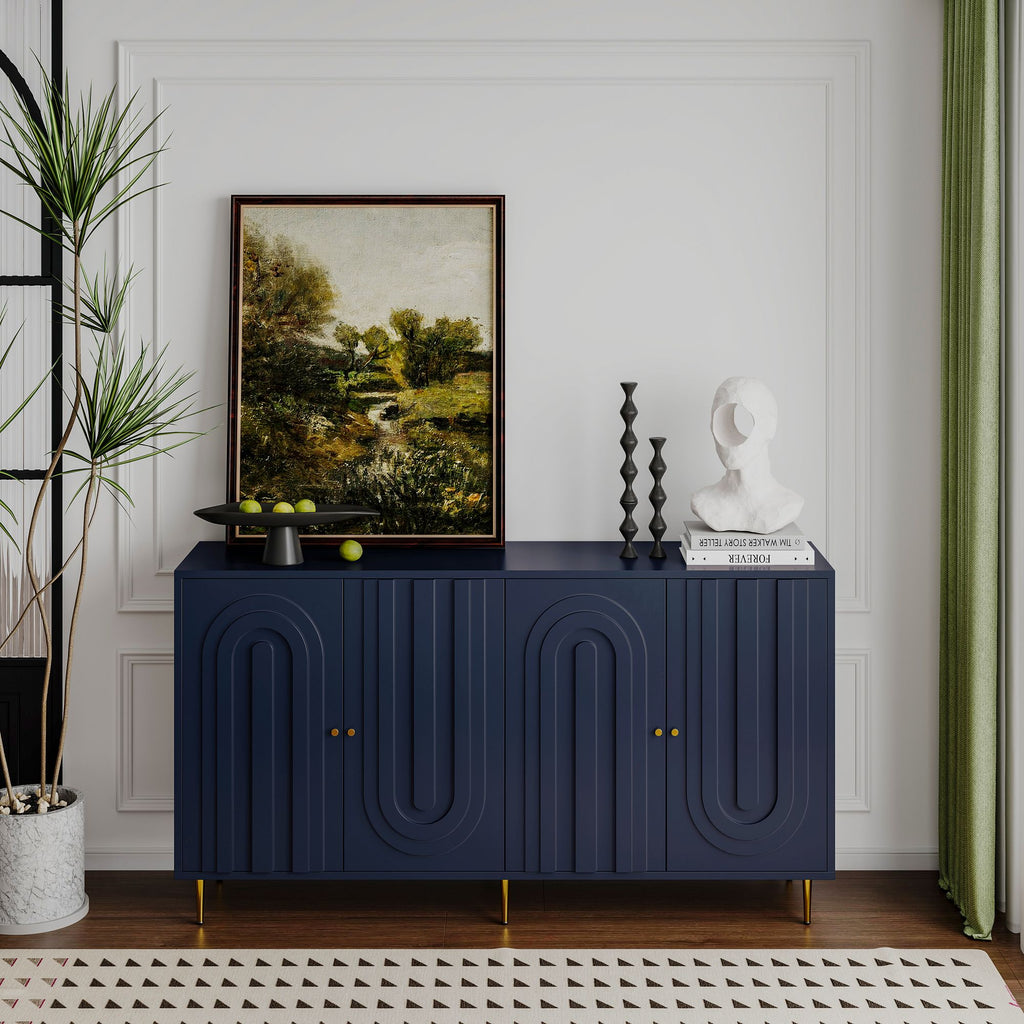 Matte Blue Lacquered Cabinet with Gold Accents and Adjustable Shelves