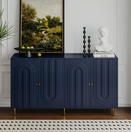 Matte Blue Lacquered Cabinet with Gold Accents and Adjustable Shelves