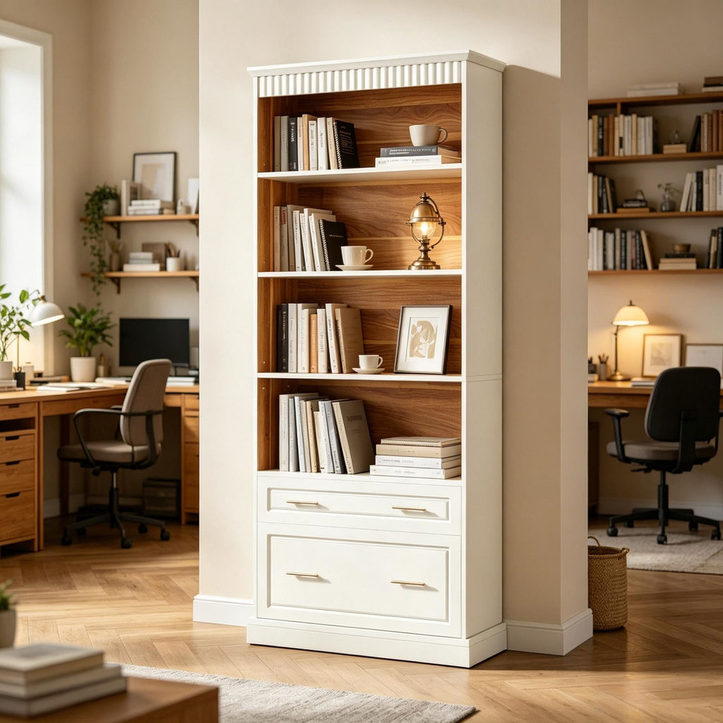 Modern White Bookcase with Shelves and Drawers
