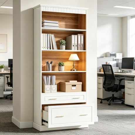 Modern White Bookcase with Shelves and Drawers
