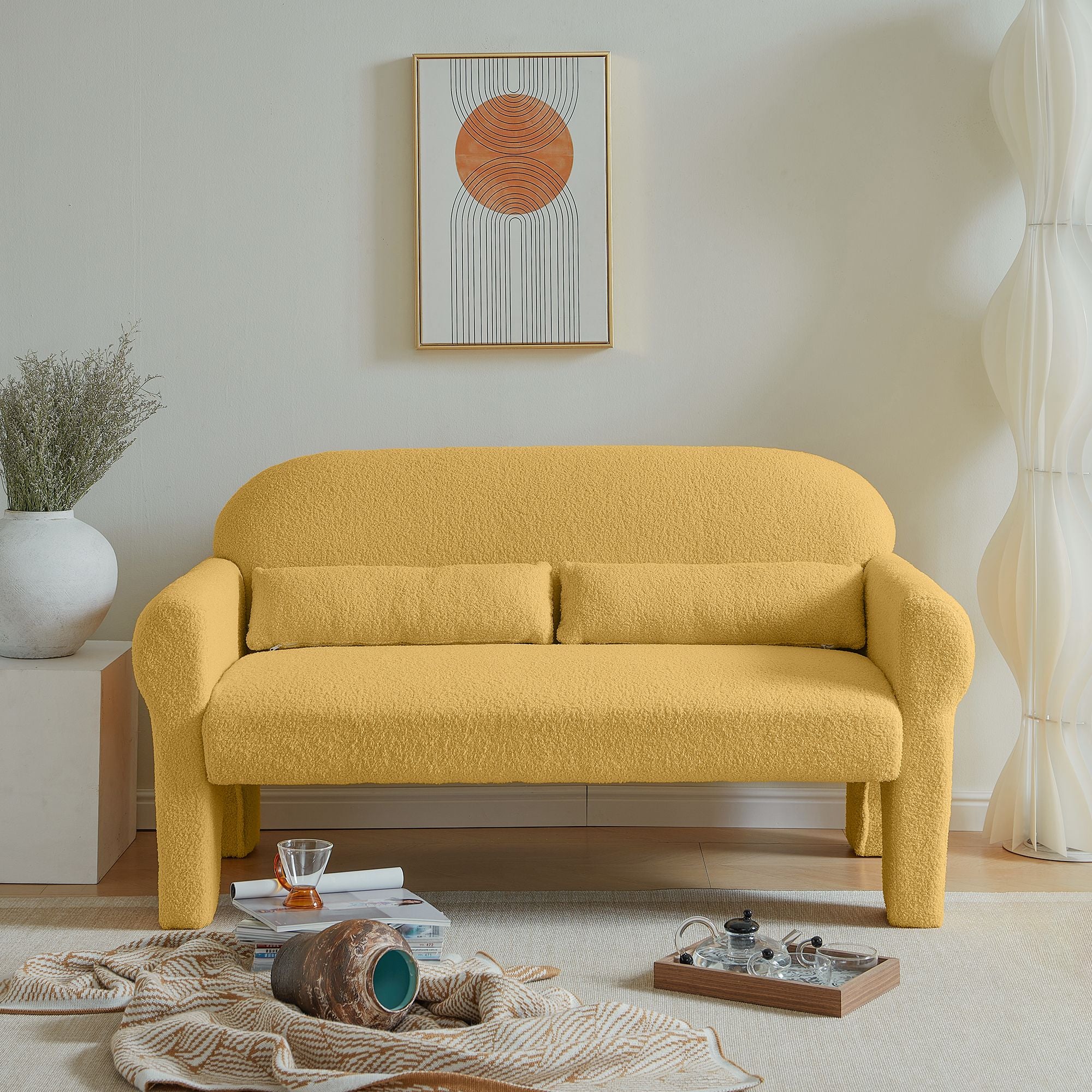 Modern Lambswool Loveseat with Lumbar Pillow