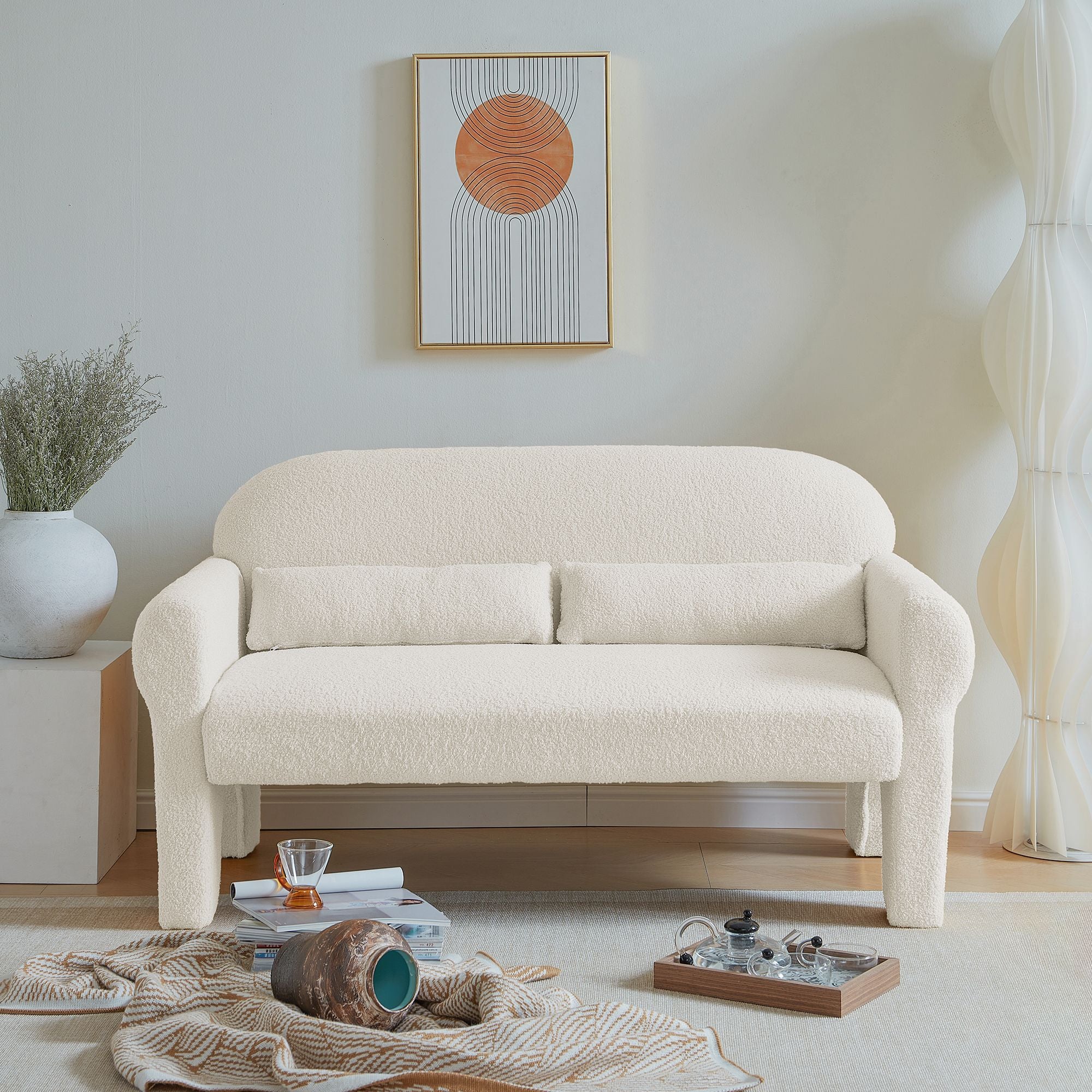 Modern Lambswool Loveseat with Lumbar Pillow