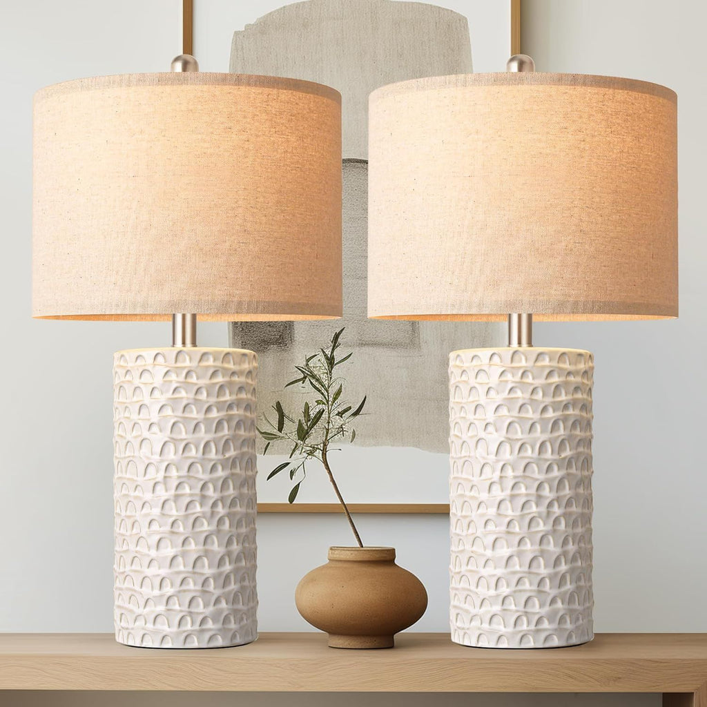 Modern Farmhouse Table Lamp Pair with White Shades