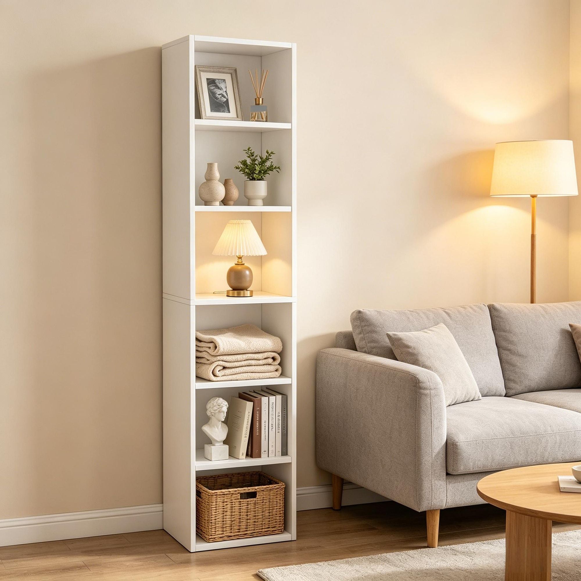 Six-Tier Corner Bookcase with Open Cube Shelves
