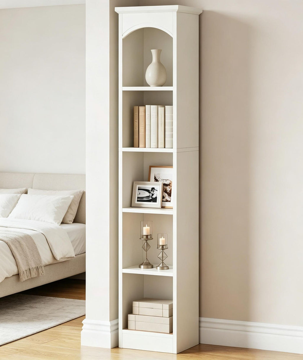 Tall Narrow Five-Tier Bookcase in White and Oak