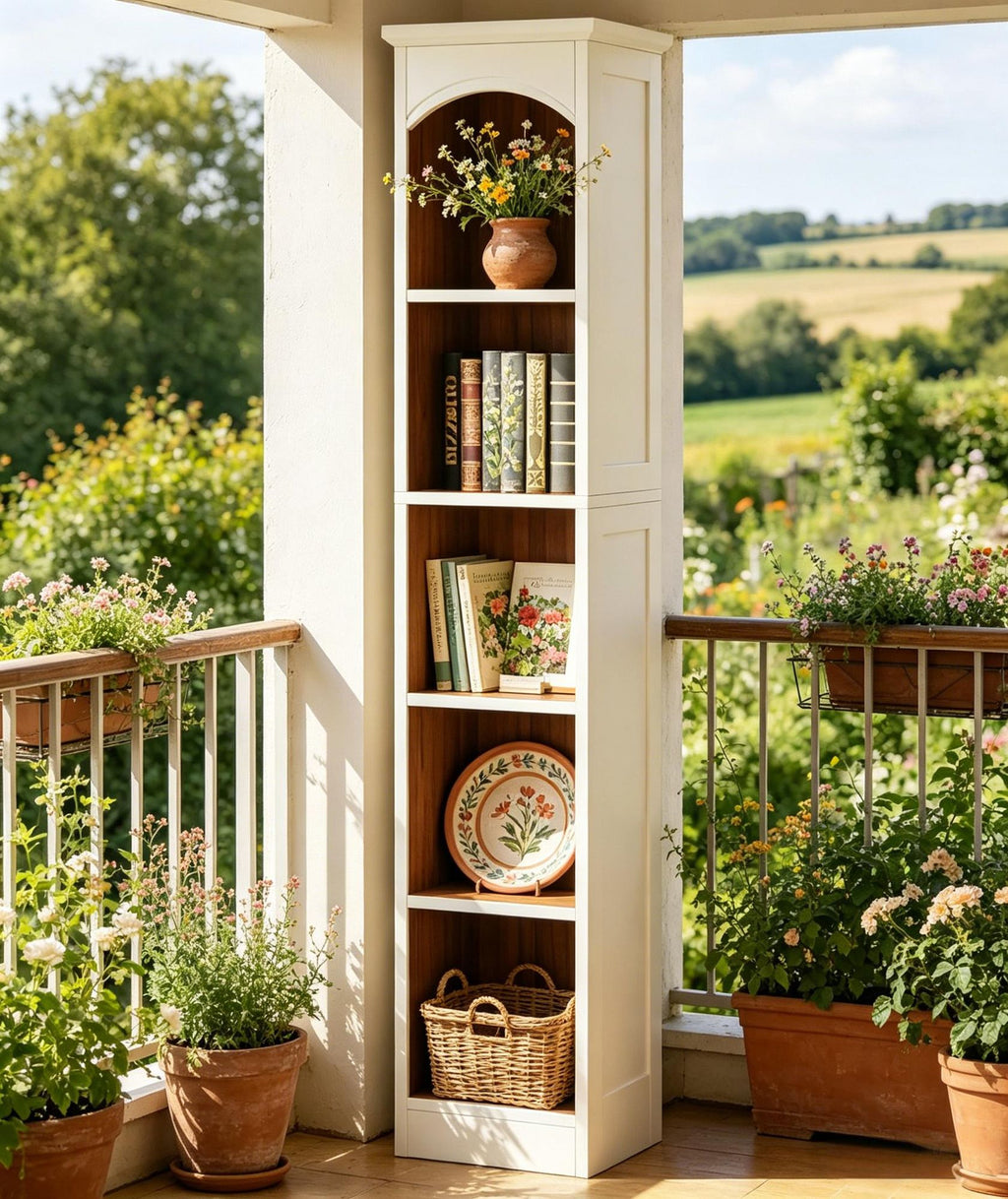 Tall Narrow Five-Tier Bookcase in White and Oak
