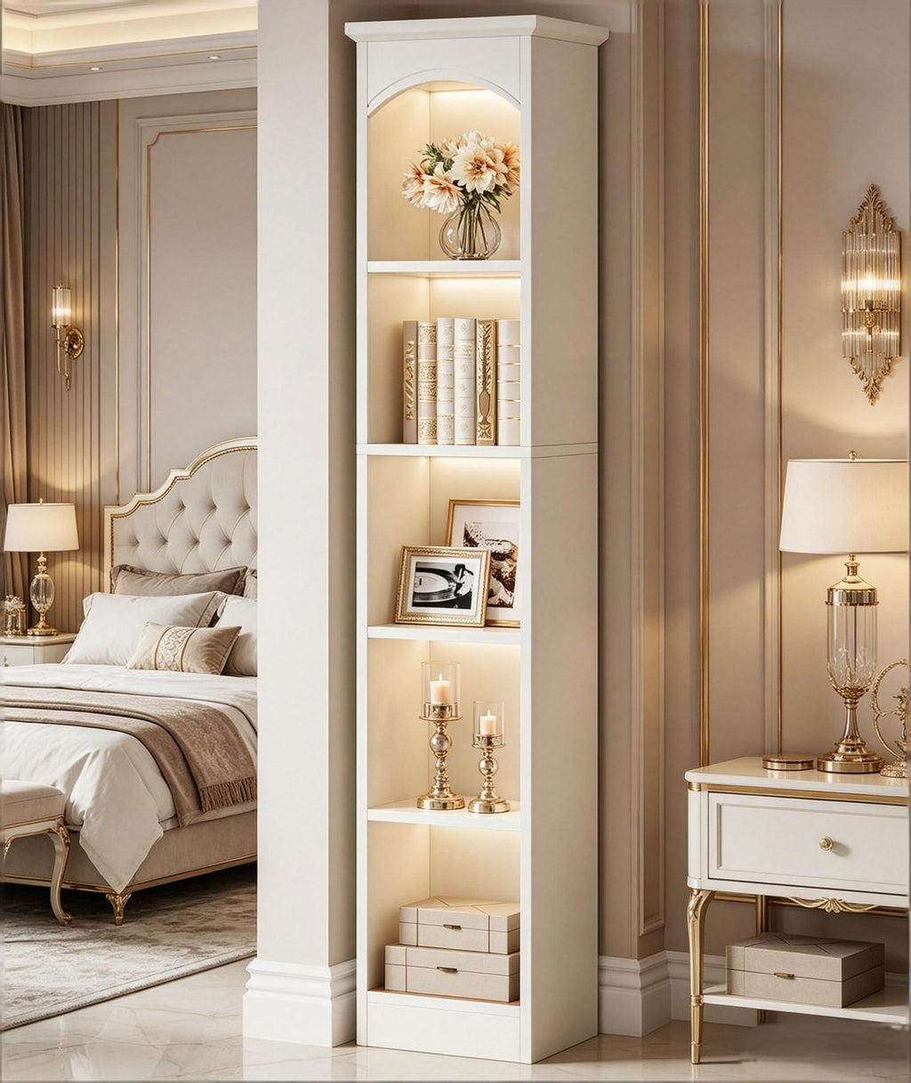 Tall Narrow Five-Tier Bookcase in White and Oak