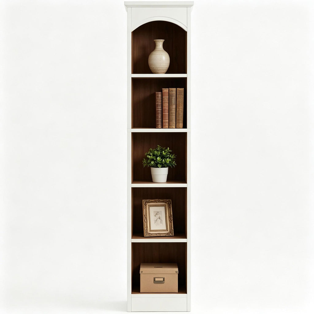 Tall Narrow Five-Tier Bookcase in White and Oak