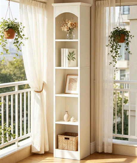 Tall Narrow Five-Tier Bookcase in White and Oak