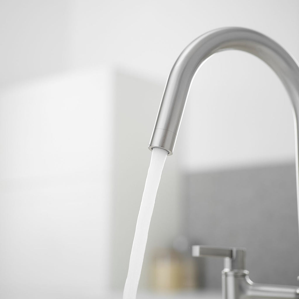 Modern Two-Handle Bridge Kitchen Faucet with Swivel Spout