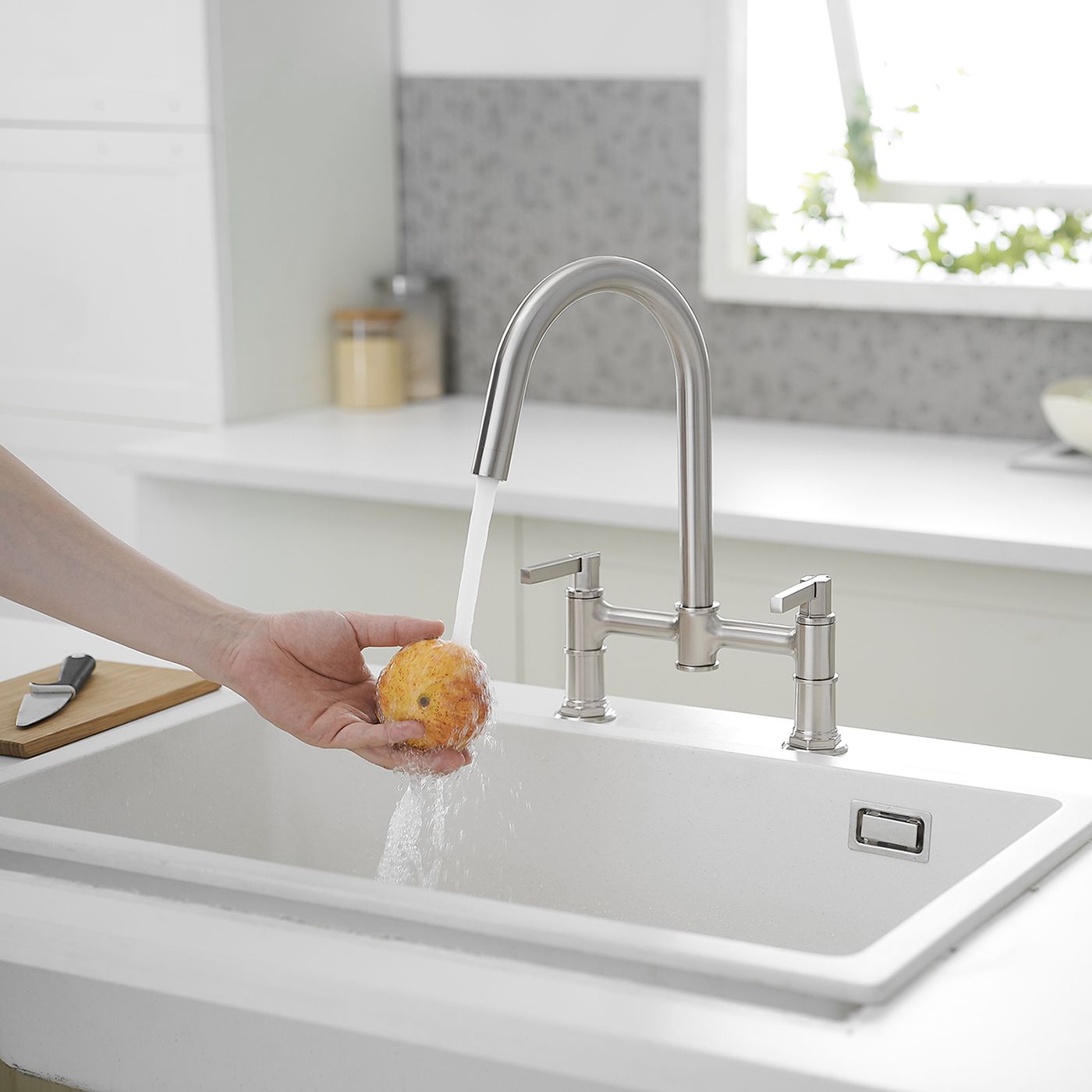 Modern Two-Handle Bridge Kitchen Faucet with Swivel Spout