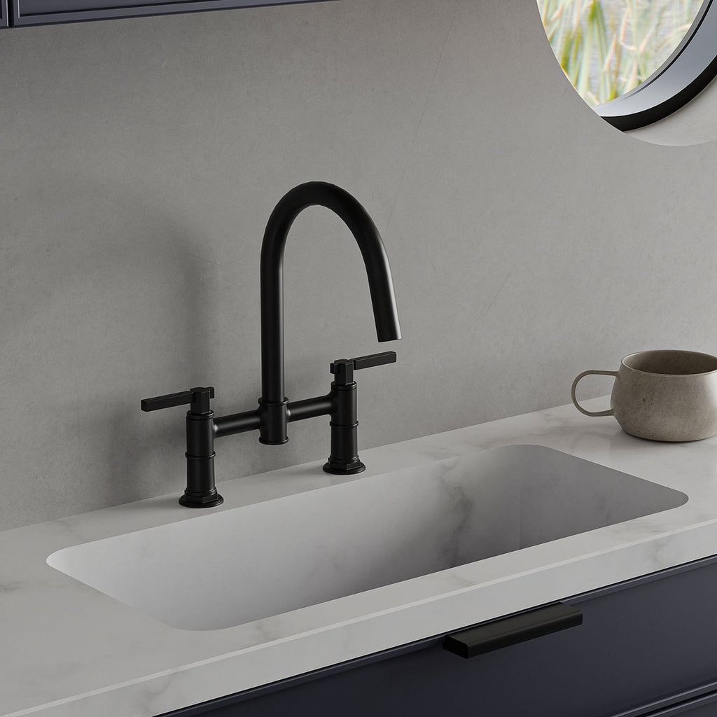 Modern Two-Handle Bridge Kitchen Faucet with Swivel Spout