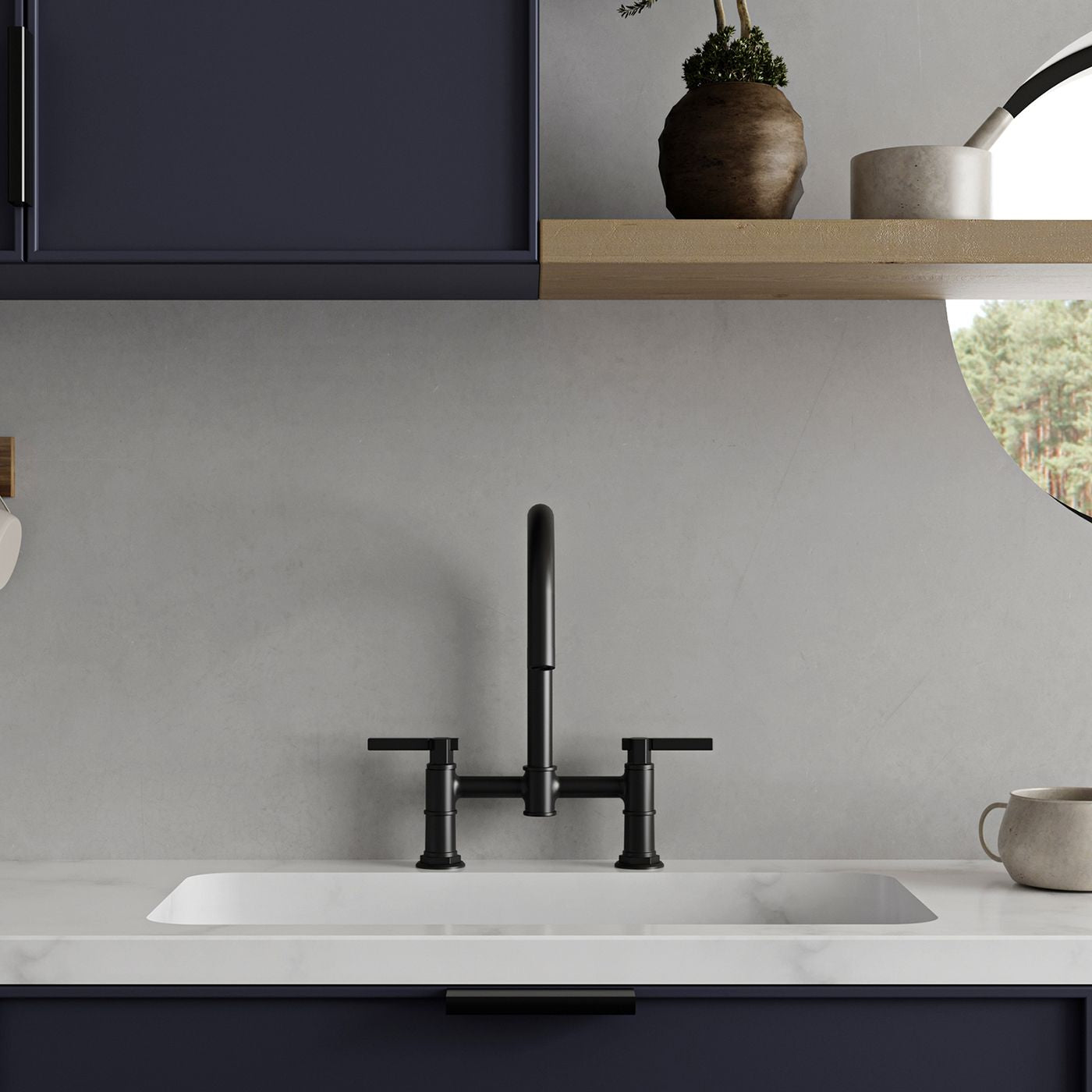 Modern Two-Handle Bridge Kitchen Faucet with Swivel Spout