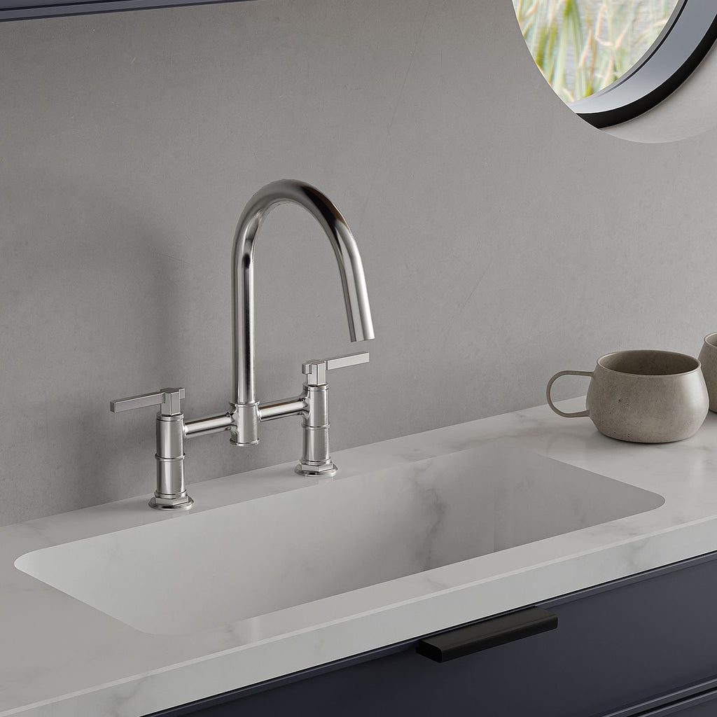 Modern Two-Handle Bridge Kitchen Faucet with Swivel Spout
