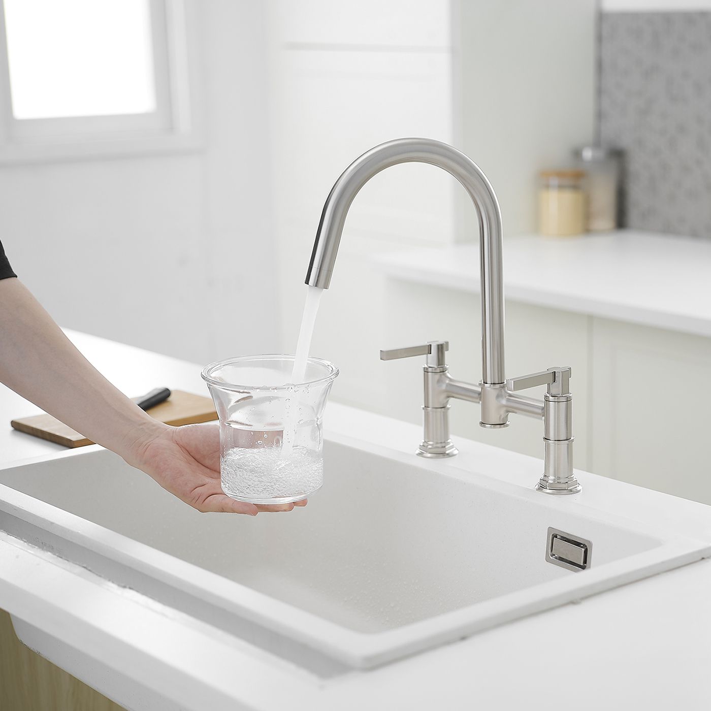 Modern Two-Handle Bridge Kitchen Faucet with Swivel Spout