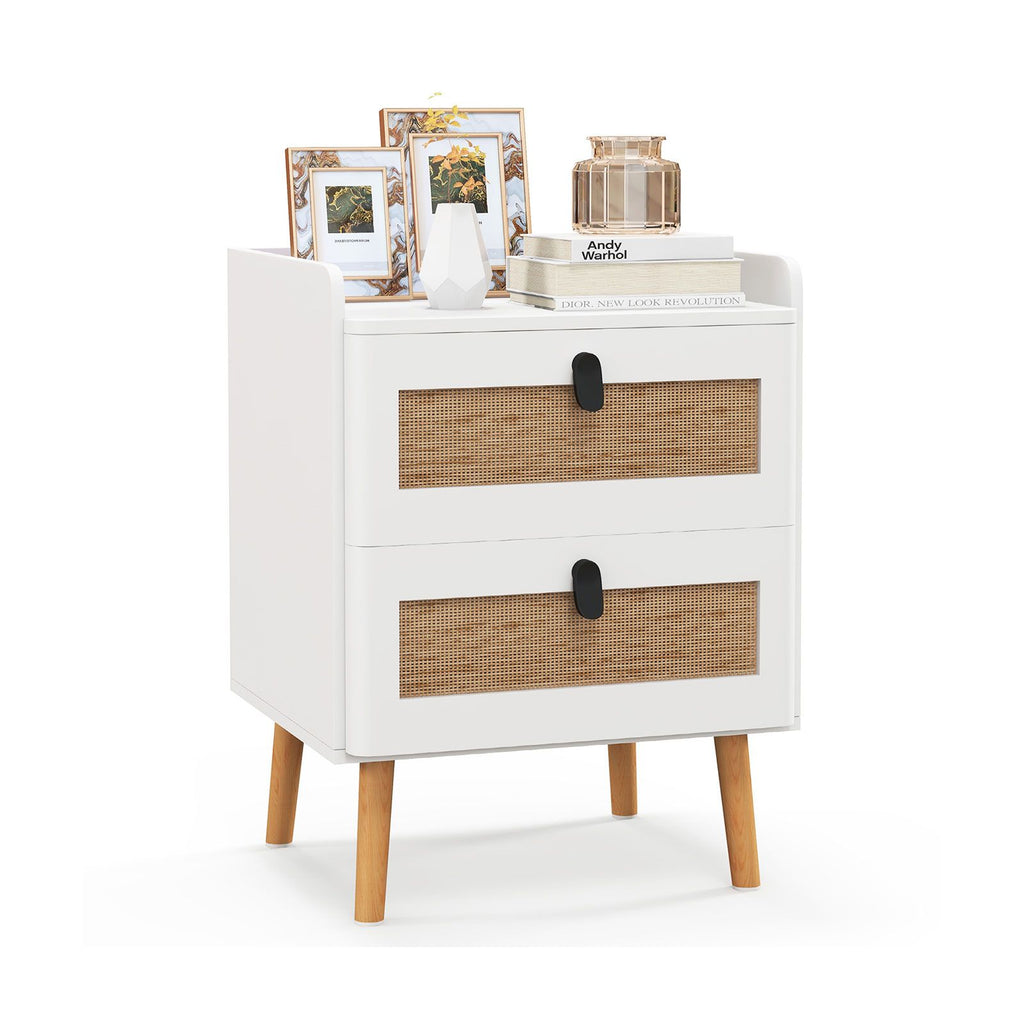 Modern Rattan-Detail End Table with Two Drawers
