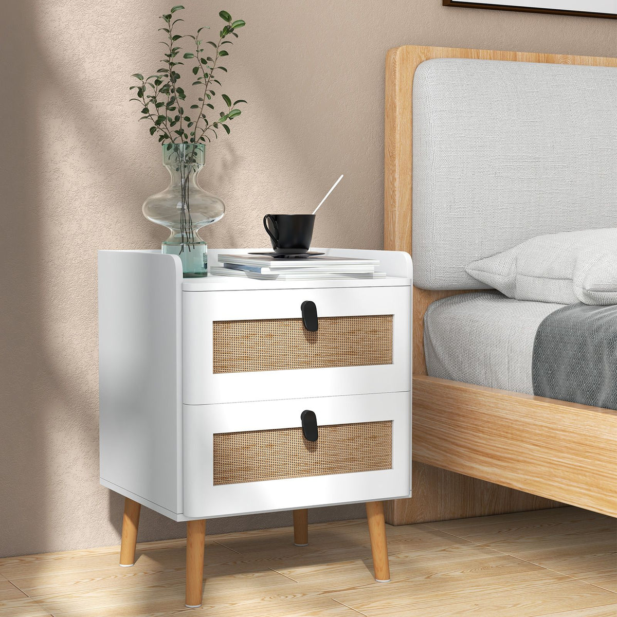 Modern Rattan-Detail End Table with Two Drawers