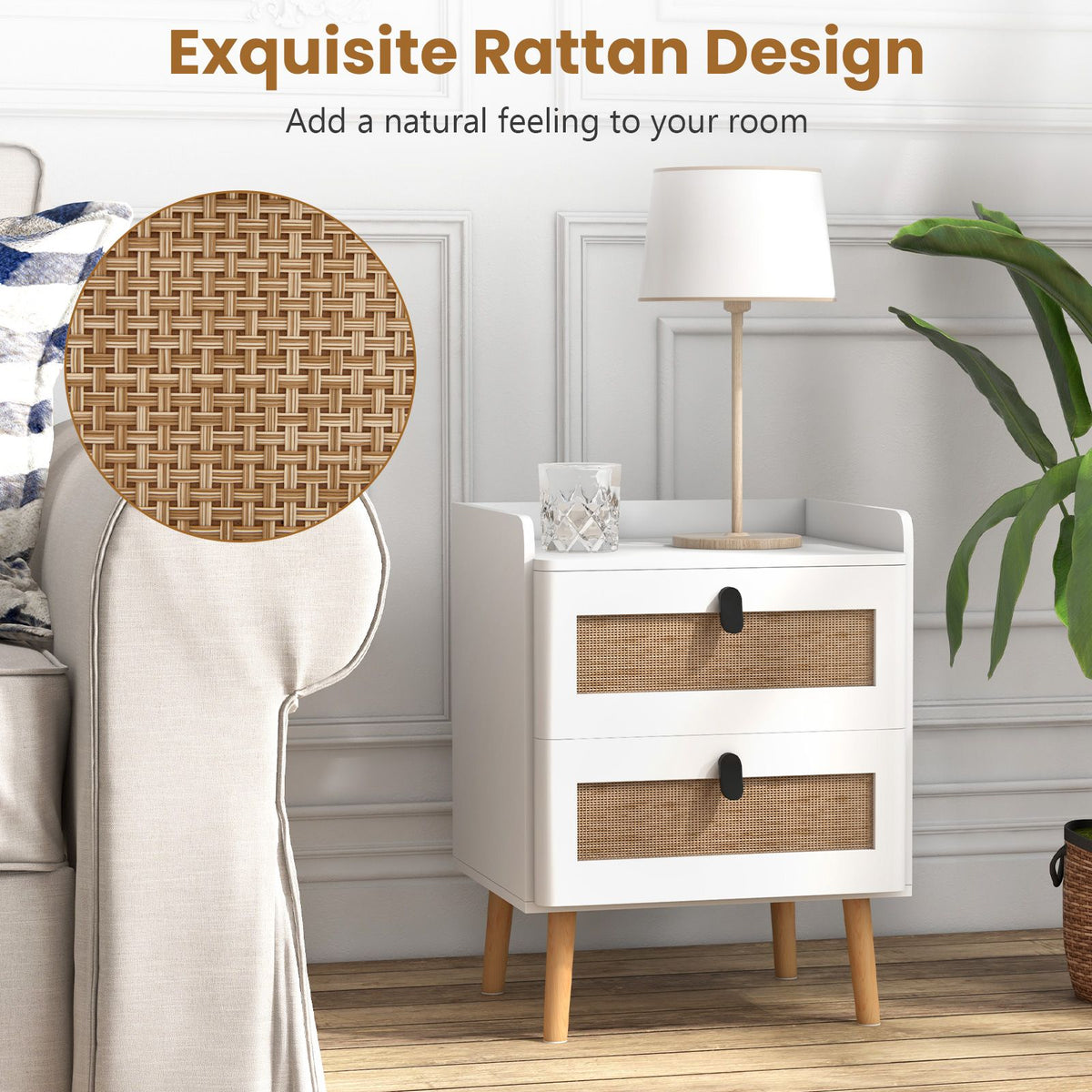 Modern Rattan-Detail End Table with Two Drawers