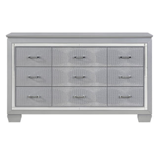 Modern Glam Silver Finish 9-Drawer Dresser with Faux Alligator Textured Drawers & Faux Crystals