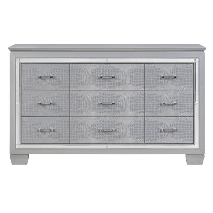 Modern Glam Silver Finish 9-Drawer Dresser with Faux Alligator Textured Drawers & Faux Crystals