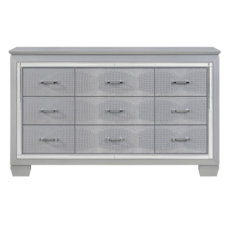 Modern Glam Silver Finish 9-Drawer Dresser with Faux Alligator Textured Drawers & Faux Crystals