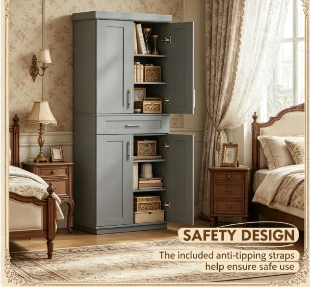 Modern Gray Pantry Cabinet with Adjustable Shelves