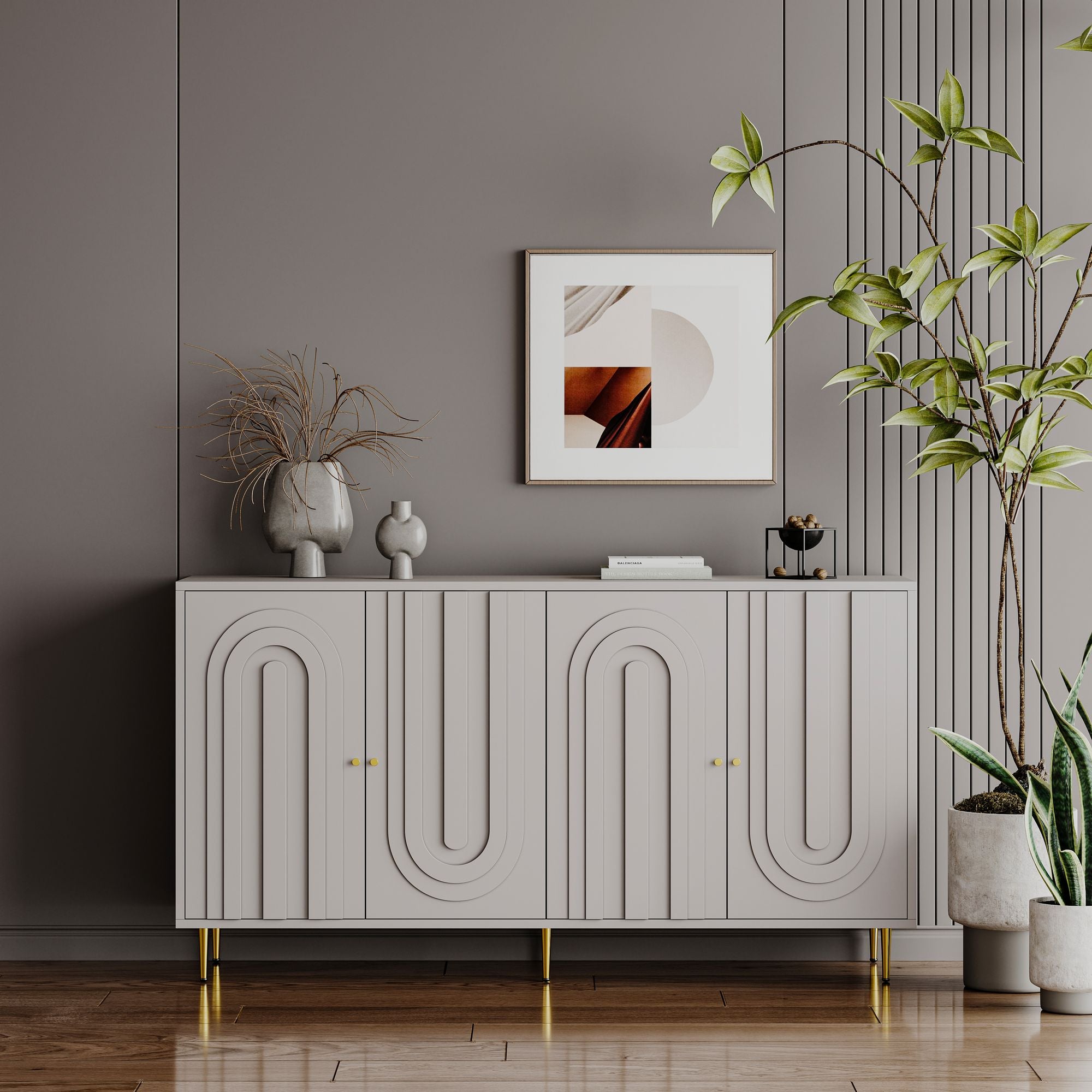 Modern Gray Lacquered 4-Door Storage Cabinet with Gold Accents