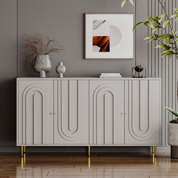Modern Gray Lacquered 4-Door Storage Cabinet with Gold Accents