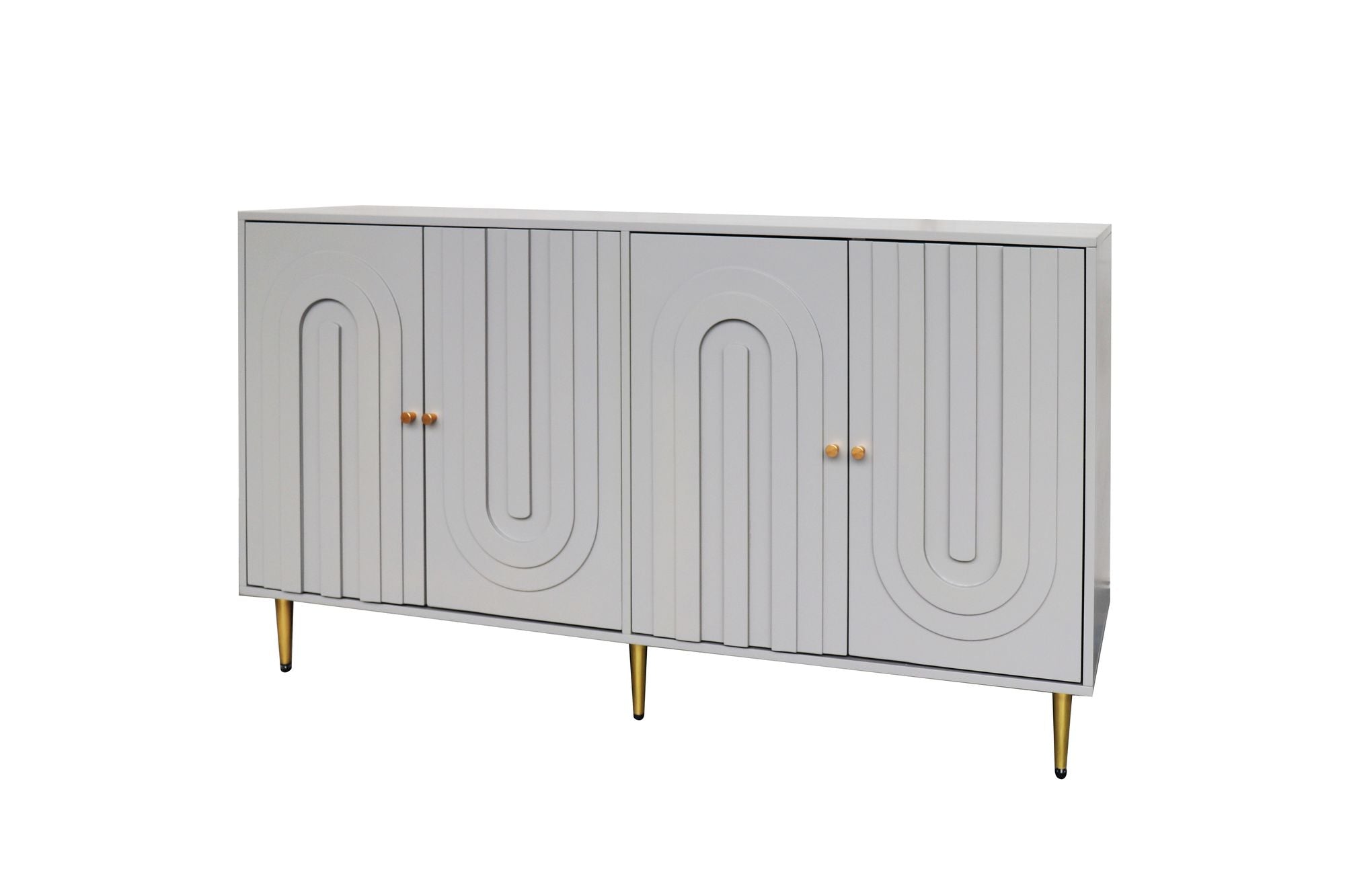 Modern Gray Lacquered 4-Door Storage Cabinet with Gold Accents