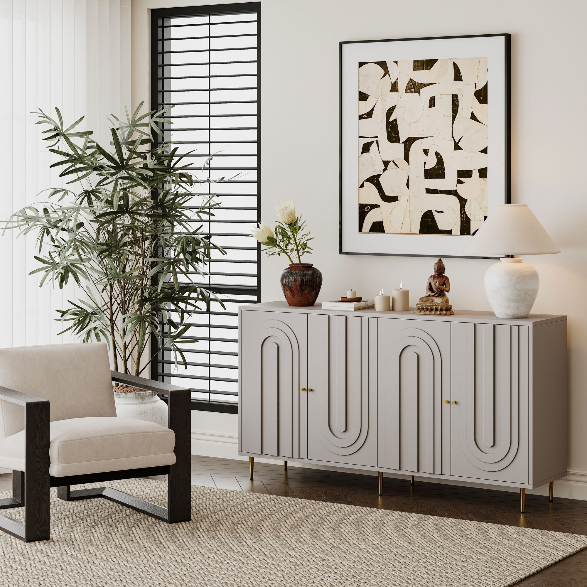 Modern Gray Lacquered 4-Door Storage Cabinet with Gold Accents