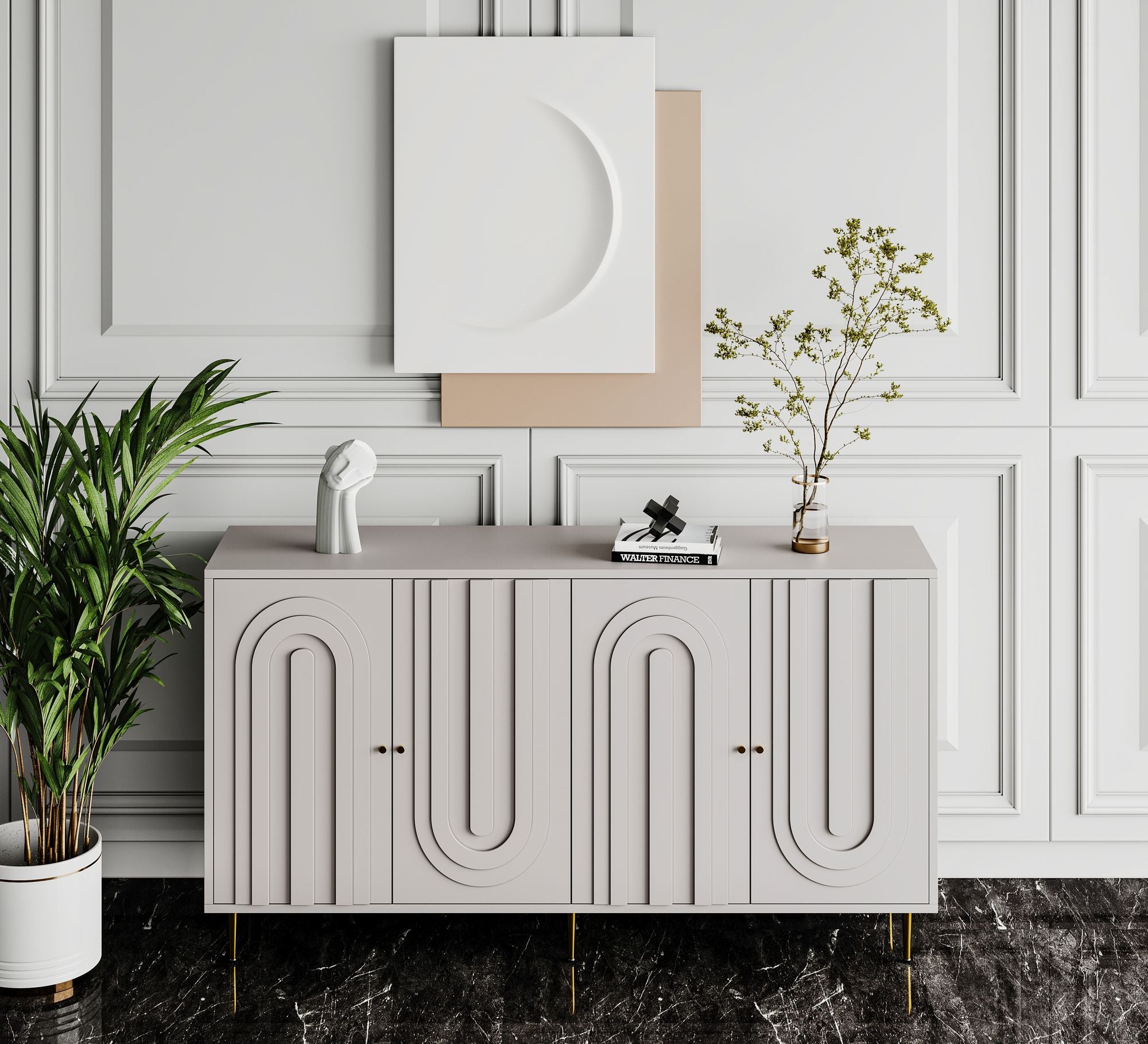 Modern Gray Lacquered 4-Door Storage Cabinet with Gold Accents
