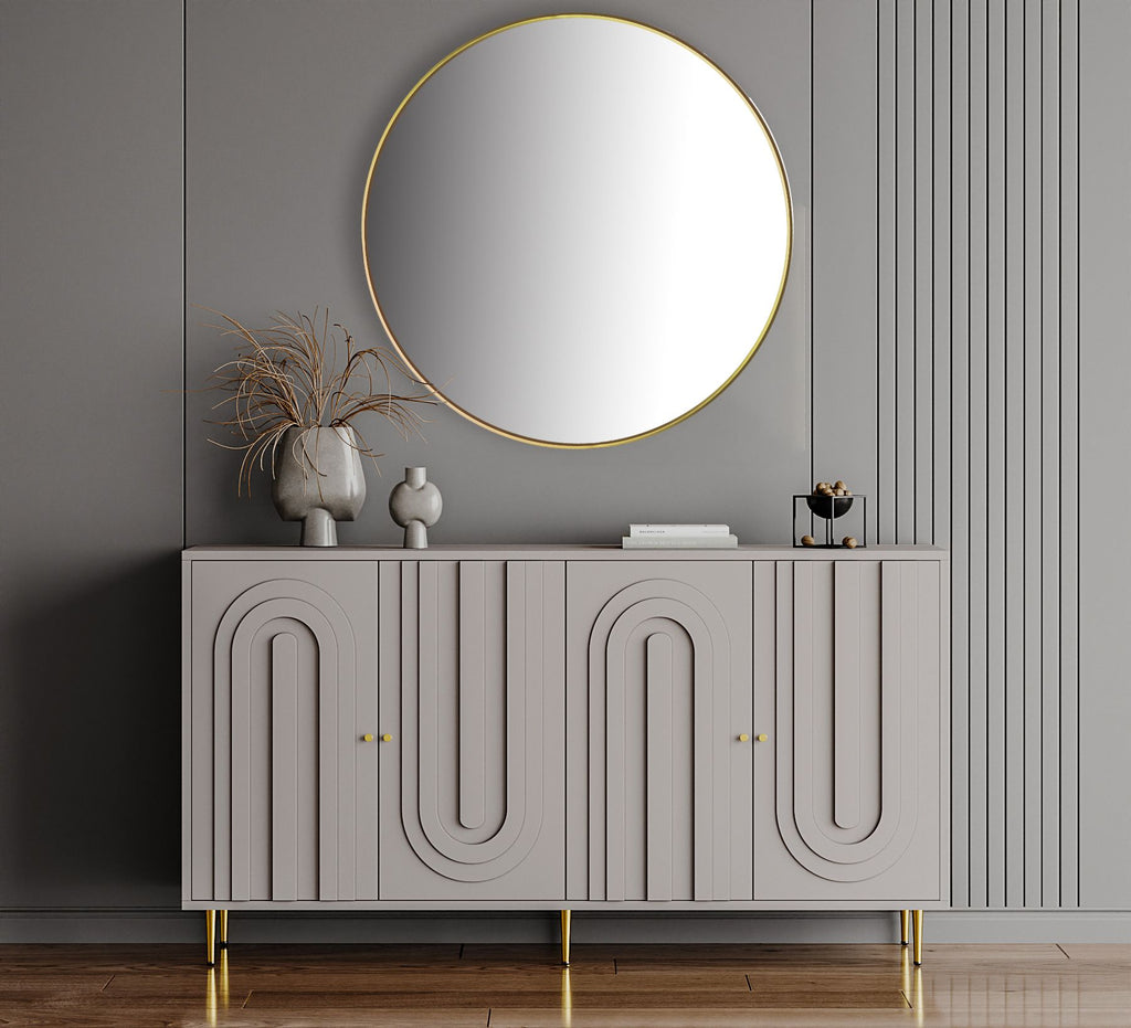 Modern Gray Lacquered 4-Door Storage Cabinet with Gold Accents