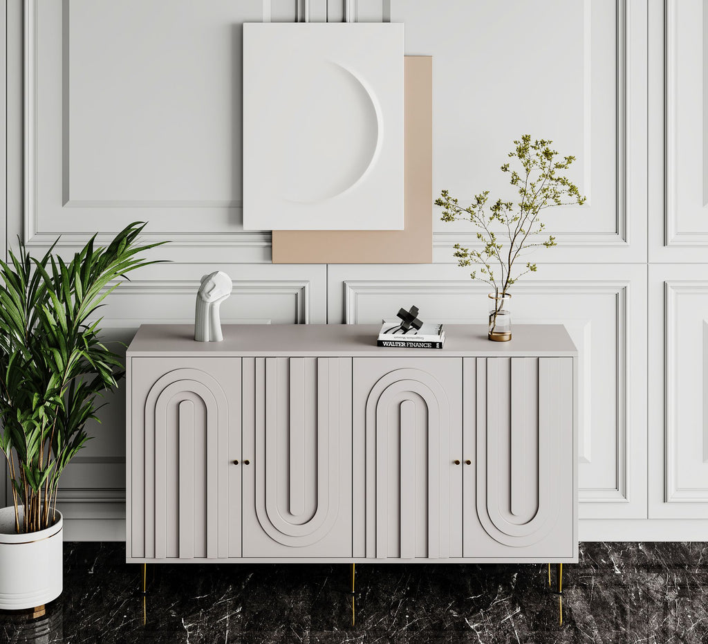 Modern Gray Lacquered 4-Door Storage Cabinet with Gold Accents