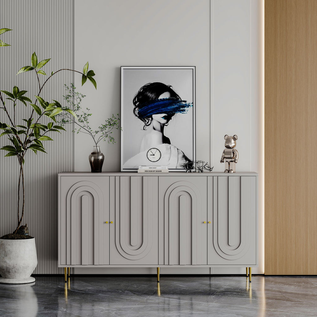 Modern Gray Lacquered 4-Door Storage Cabinet with Gold Accents