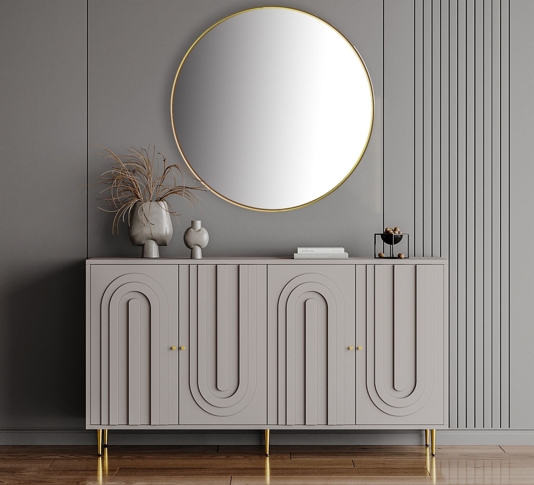 Modern Gray Lacquered 4-Door Storage Cabinet with Gold Accents