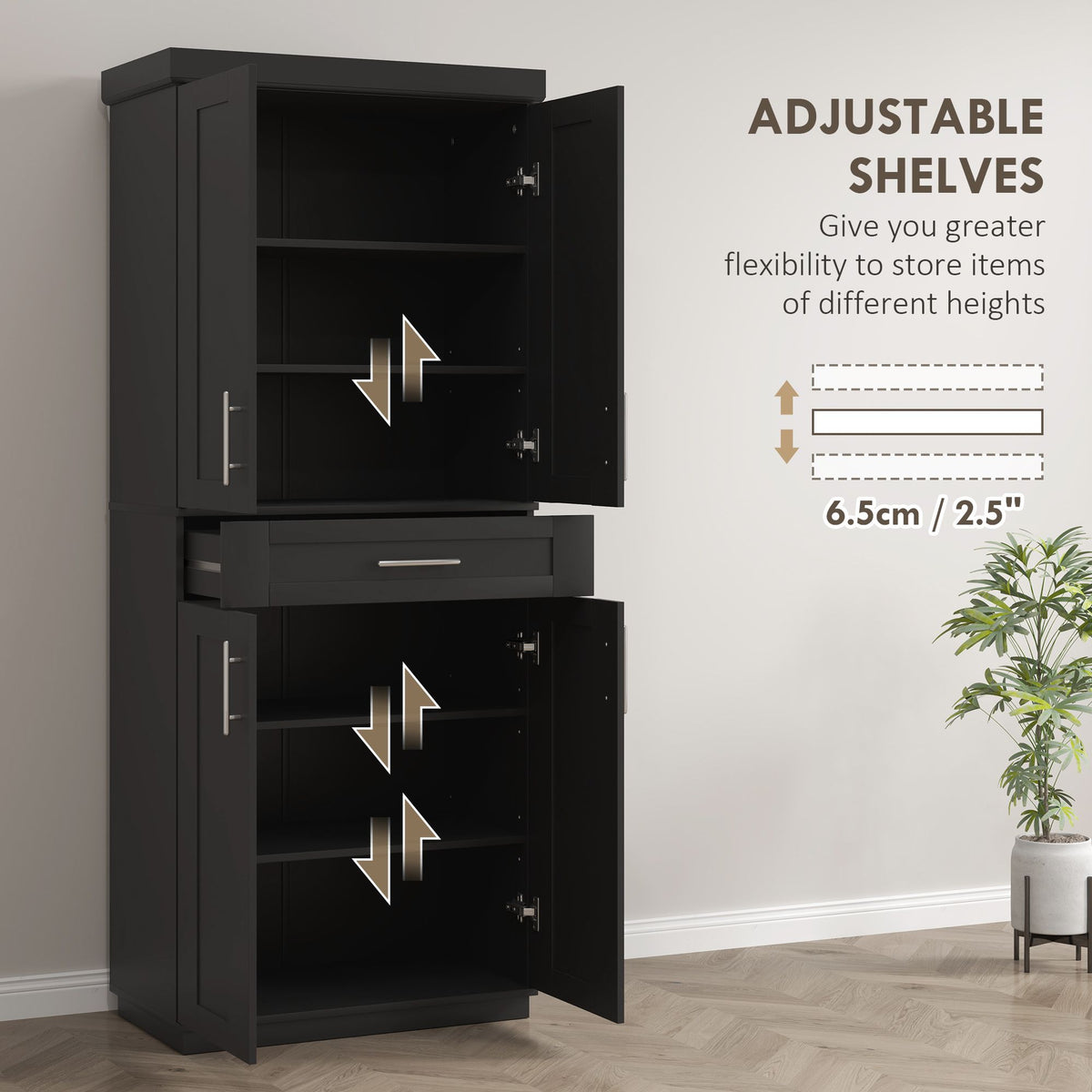 Modern Kitchen Pantry with Doors and Drawer, Adjustable Shelving