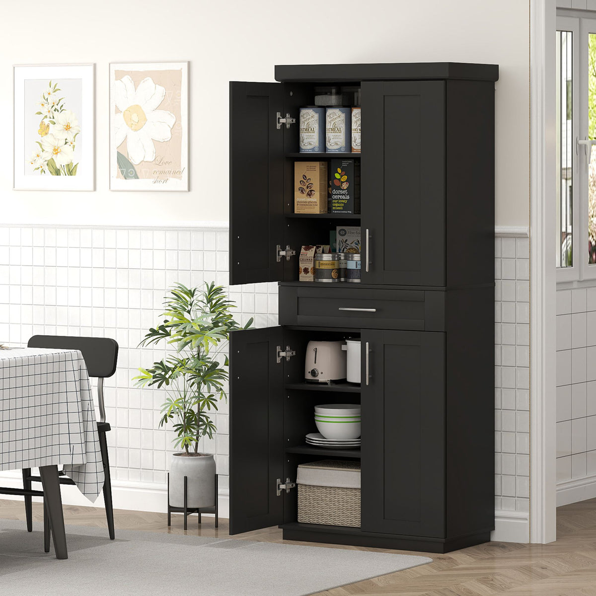Modern Kitchen Pantry with Doors and Drawer, Adjustable Shelving