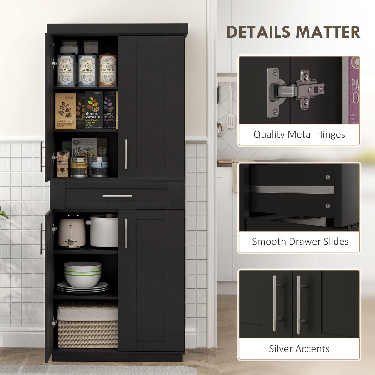Modern Kitchen Pantry with Doors and Drawer, Adjustable Shelving
