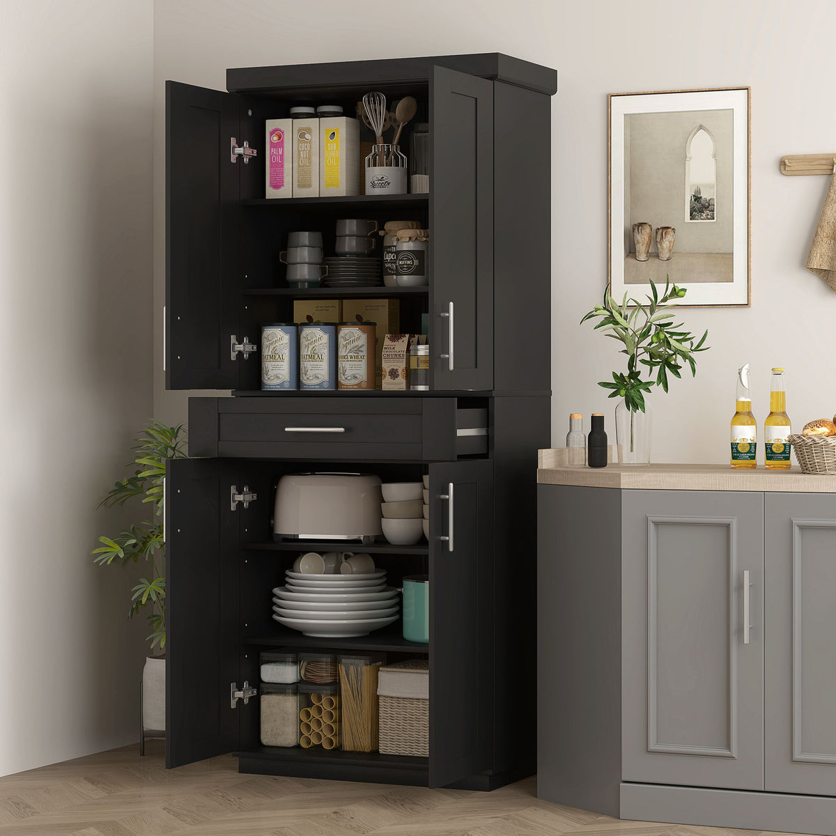 Modern Kitchen Pantry with Doors and Drawer, Adjustable Shelving
